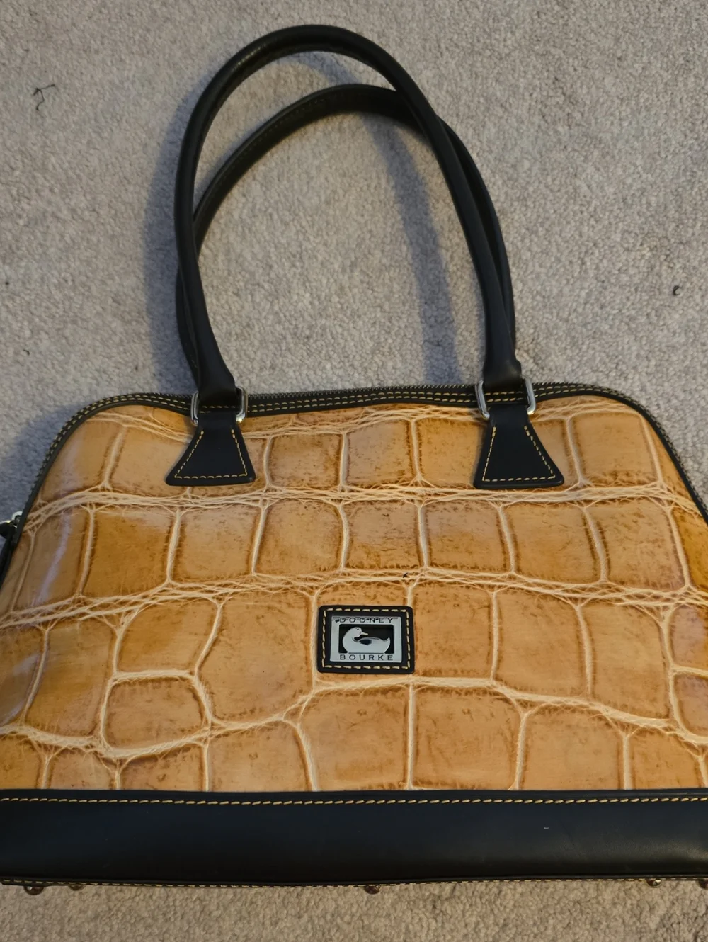 Dooney & Bourke Tan Croc-Embossed Satchel with Black Trim